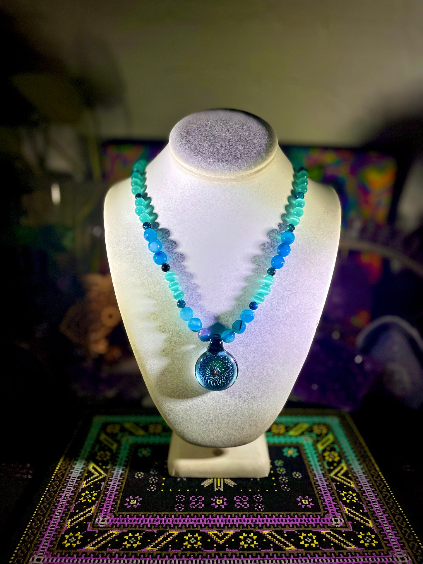 Agate and Blue Cat’s Eye UV Dichro Necklace