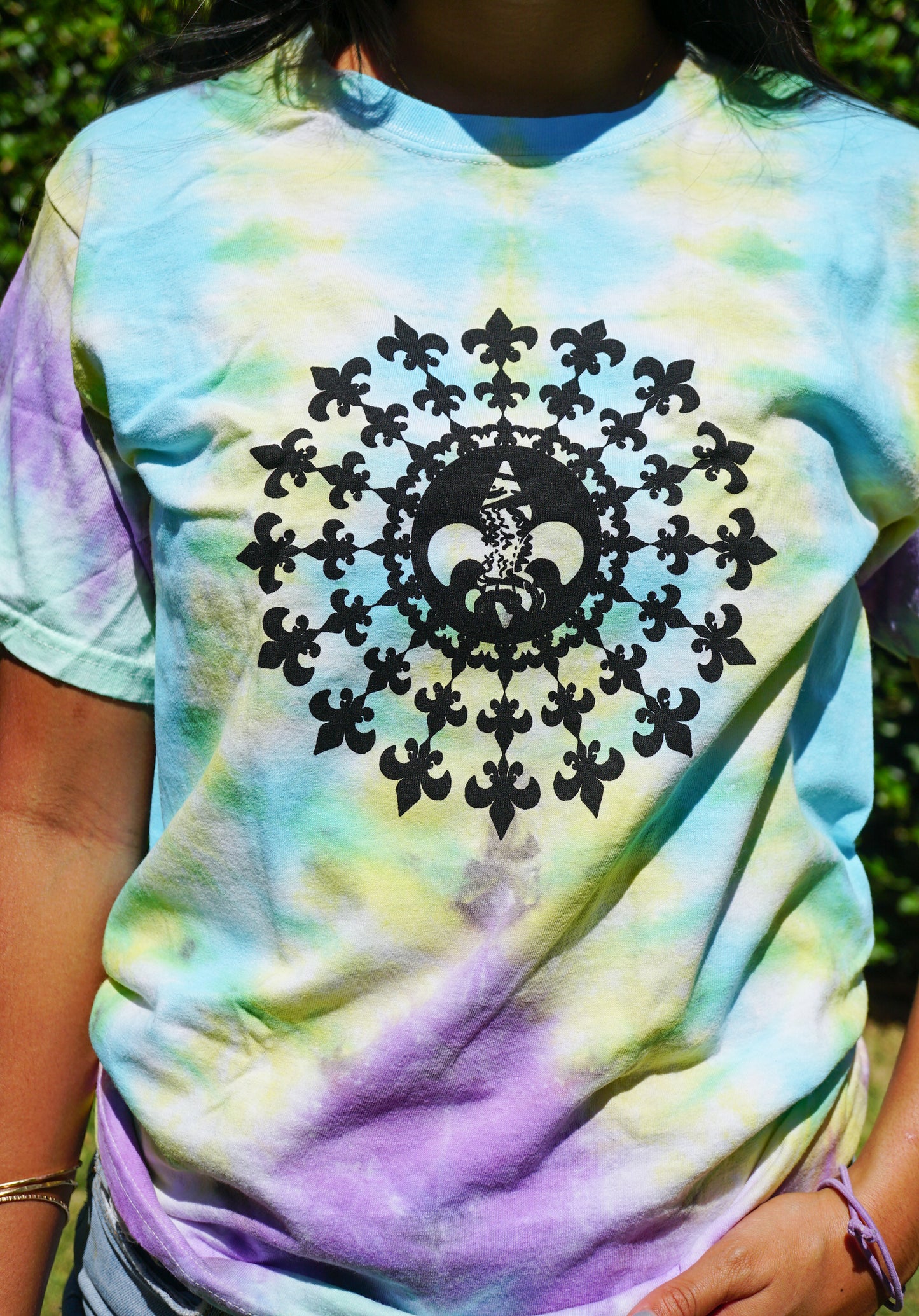 Blue/Yellow/Purple Tie Dye Fleur De Lis Mandala T-Shirt