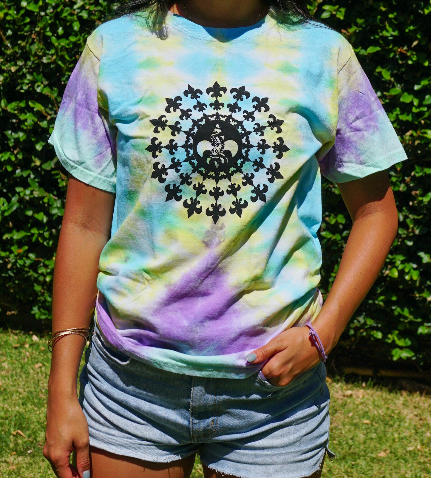 Blue/Yellow/Purple Tie Dye Fleur De Lis Mandala T-Shirt