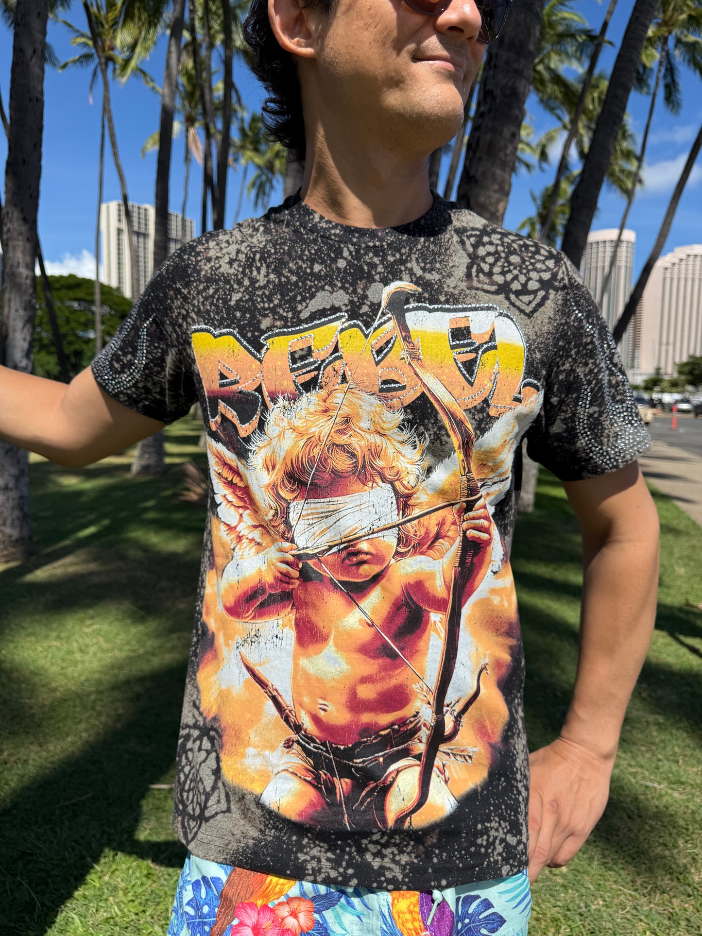 “Love is Blind” REBEL Cupid Angel Bleach Dye T-Shirt (Medium)
