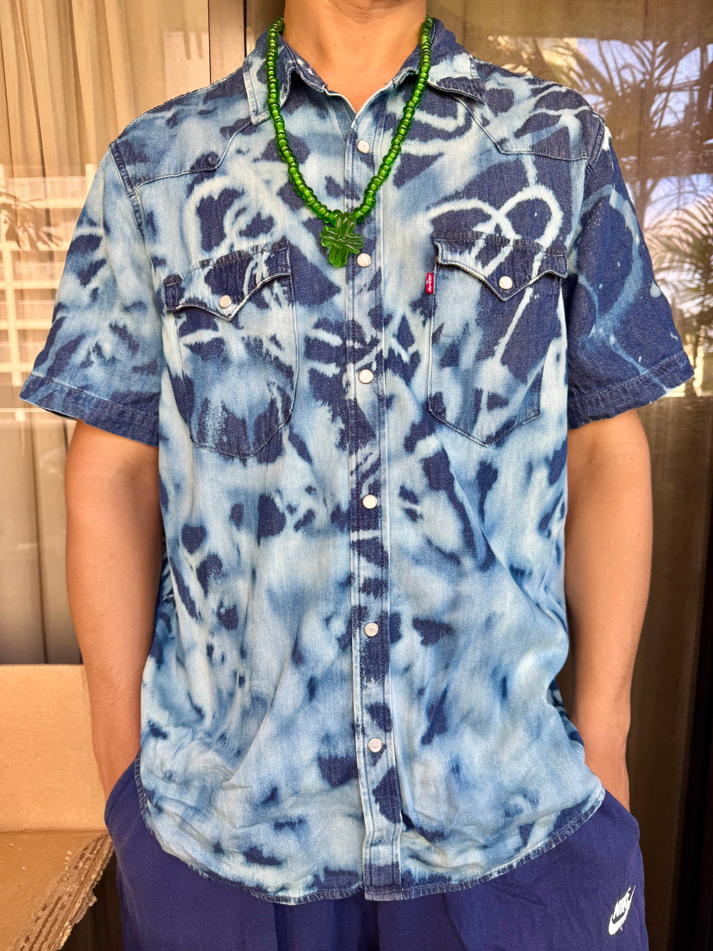 Denim Button Down Bleach Dyed Collared Shirt (XL)