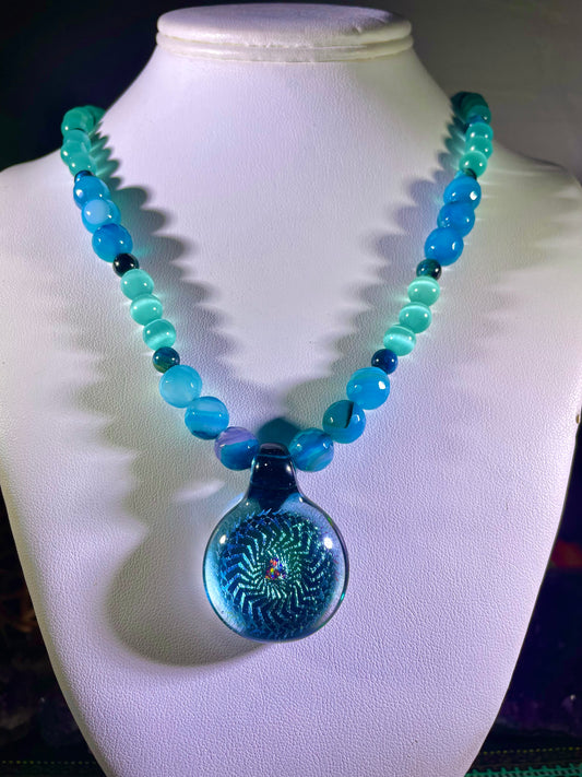 Agate and Blue Cat’s Eye UV Dichro Necklace