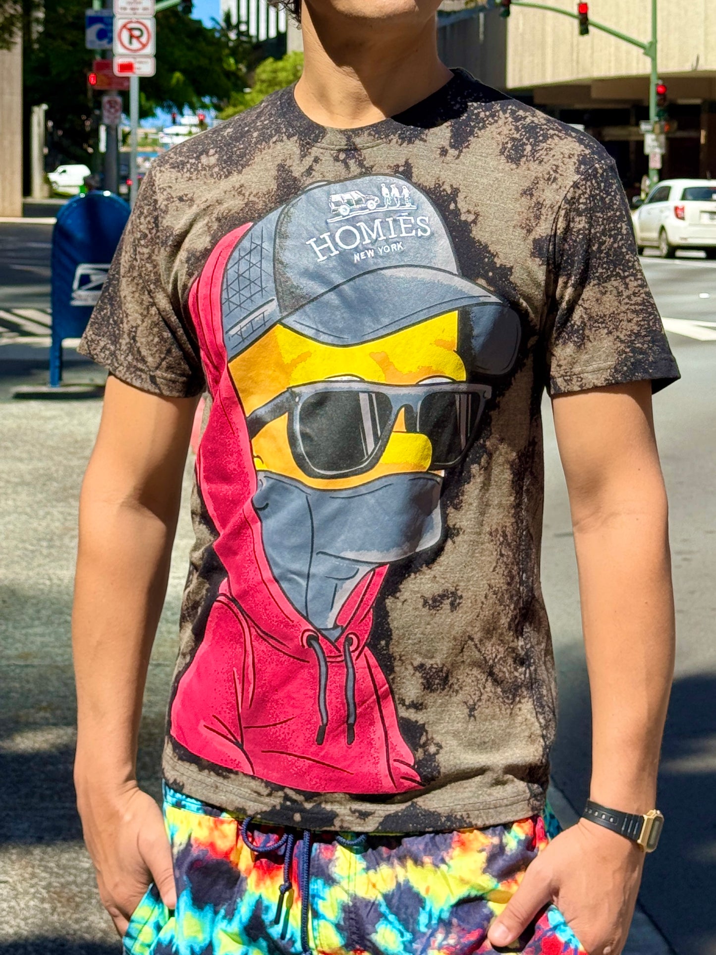 Embroidered Homies Hoodie Masked Bart Bleach Dye T-Shirt (Medium)