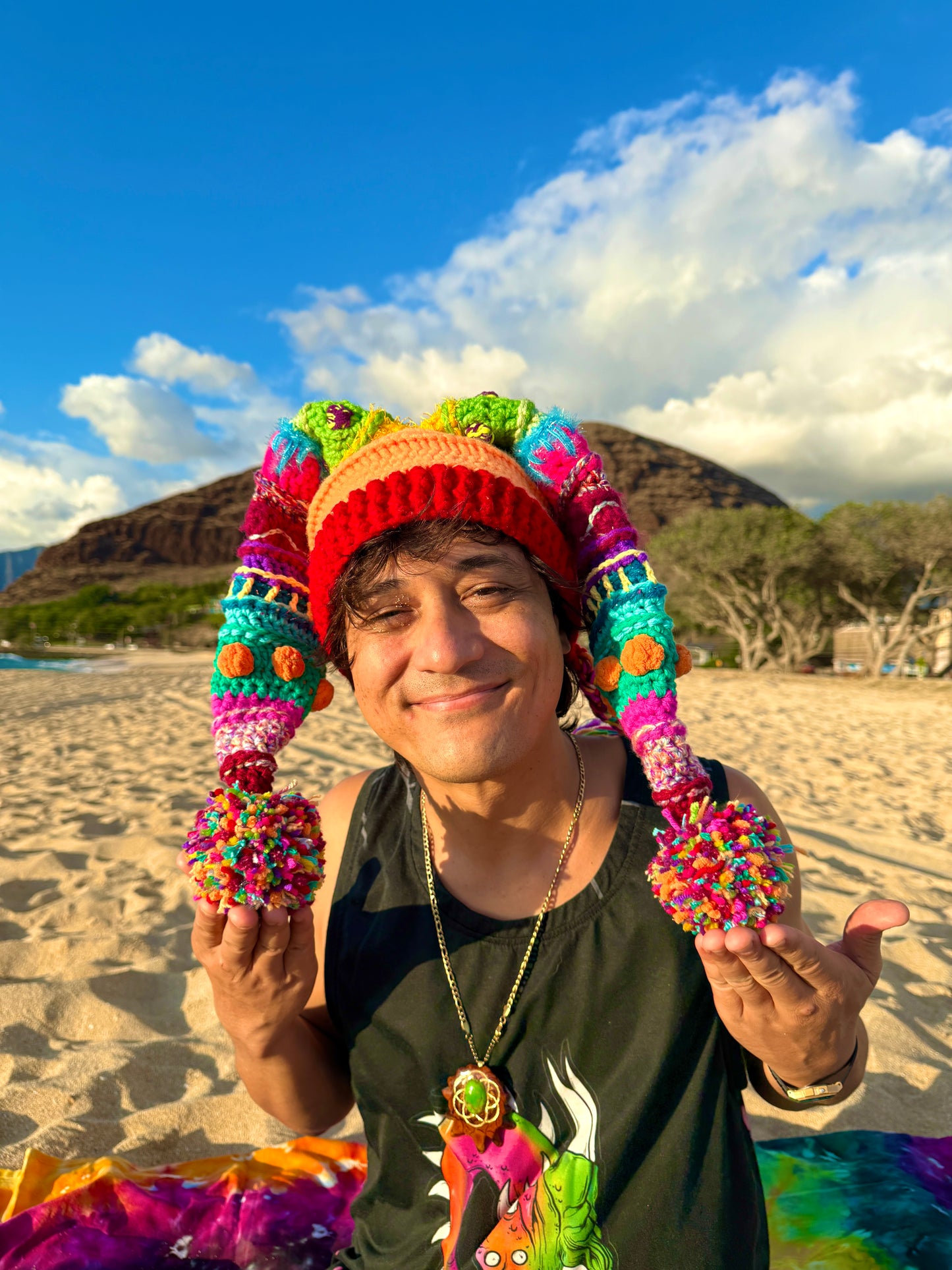 UV Rainbow Pom Pom Crochet Fools Cap