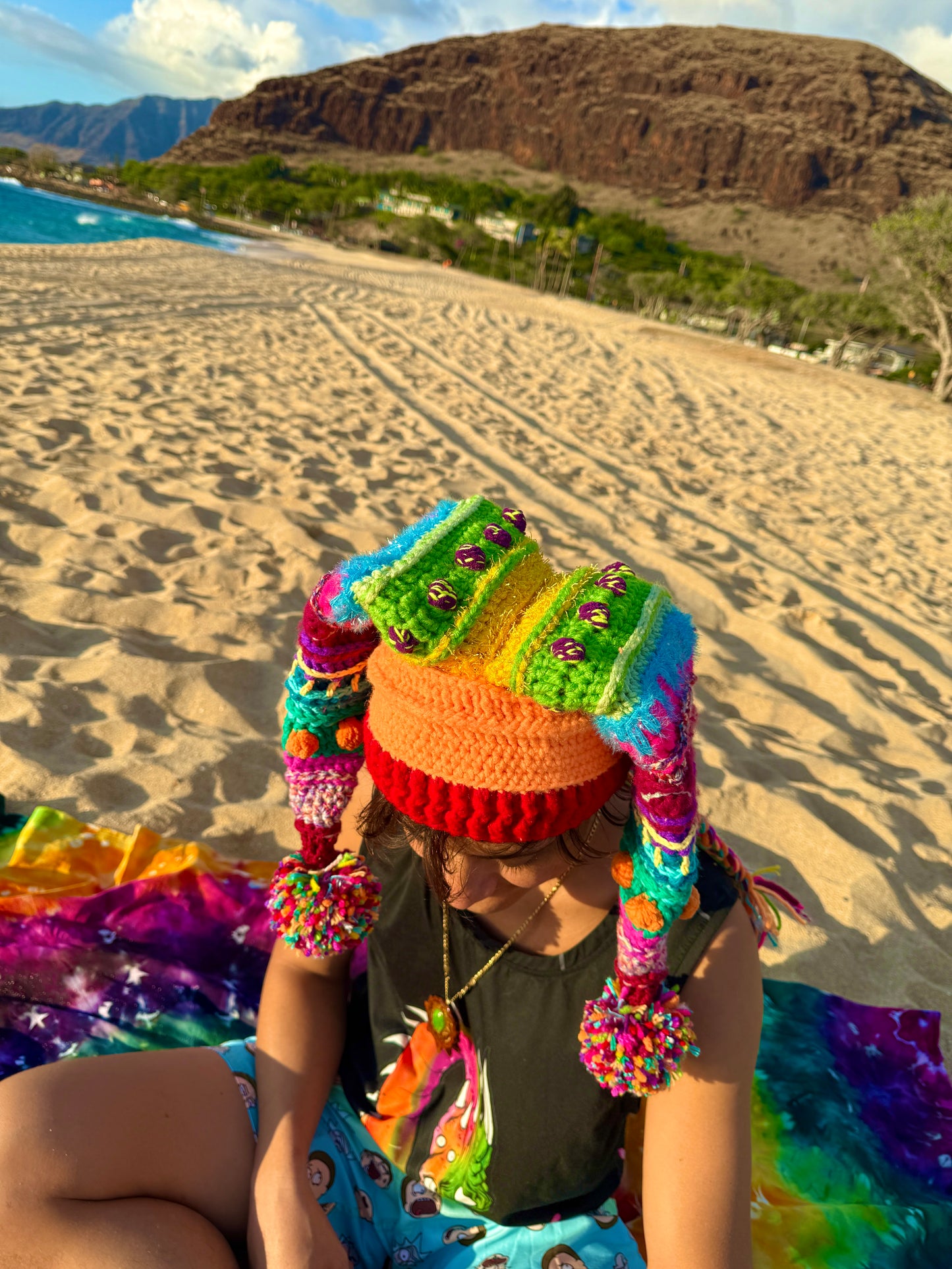 UV Rainbow Pom Pom Crochet Fools Cap