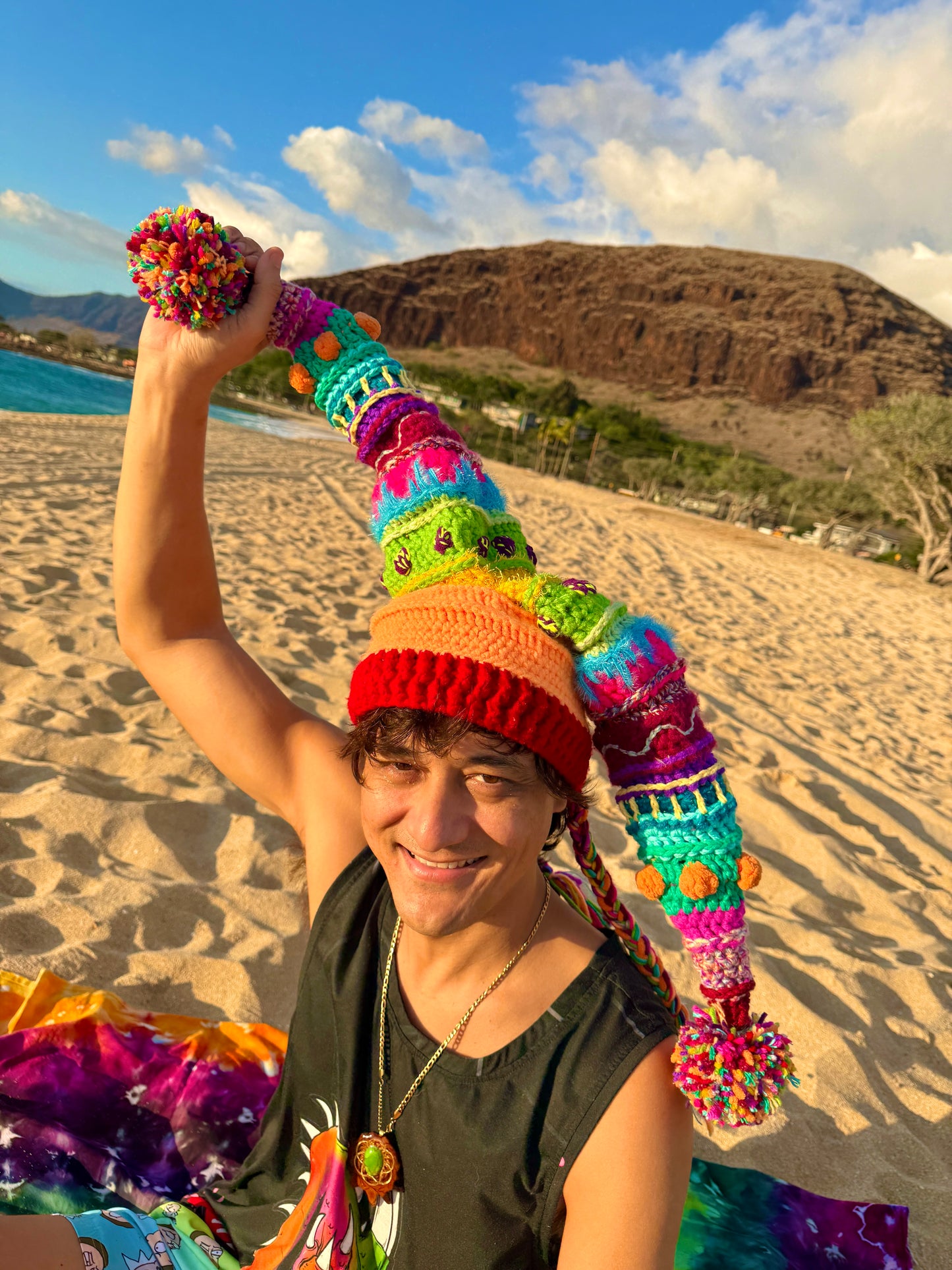 UV Rainbow Pom Pom Crochet Fools Cap
