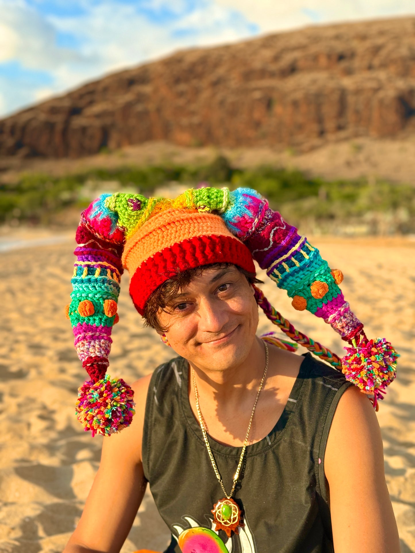 UV Rainbow Pom Pom Crochet Fools Cap