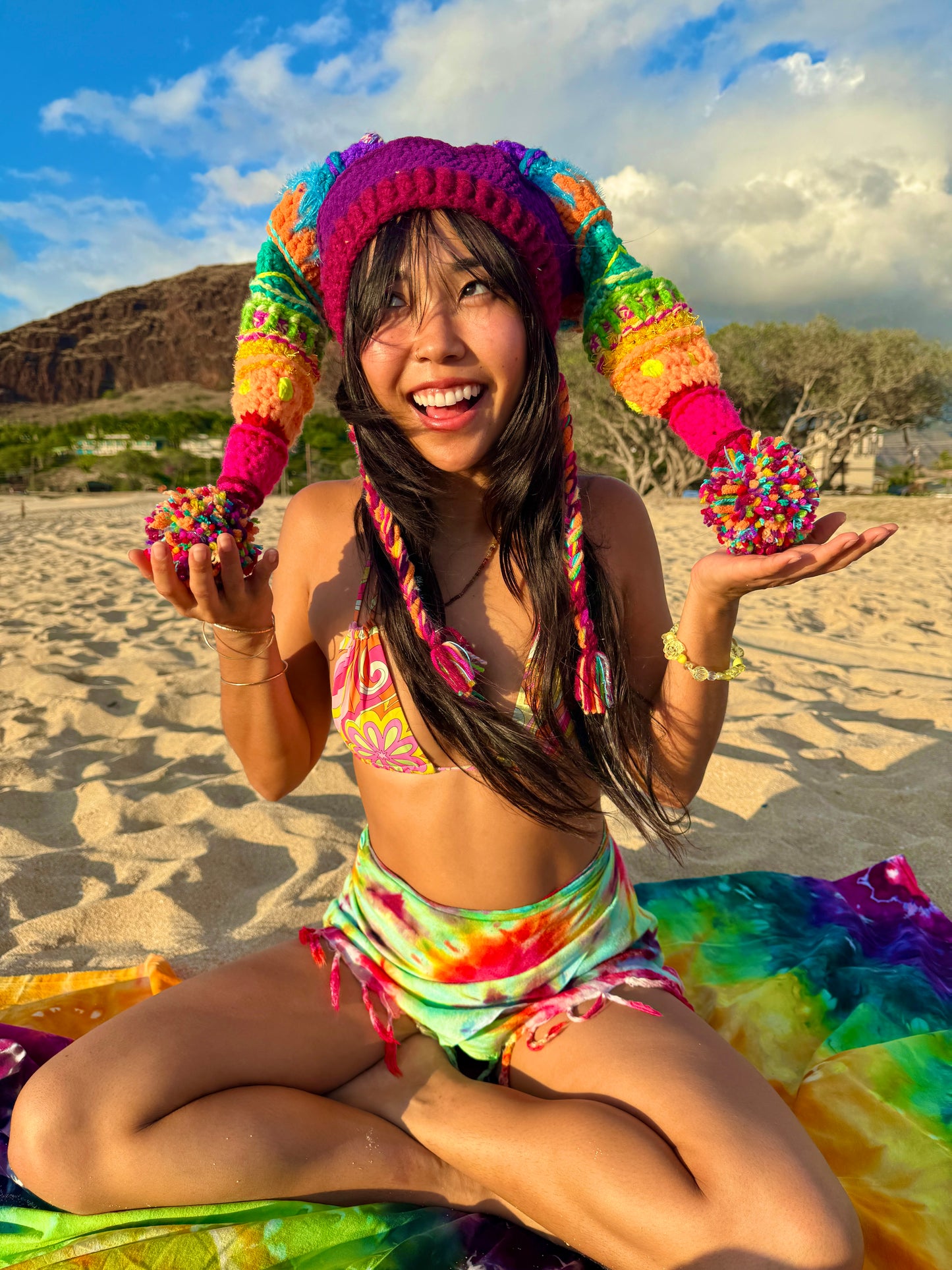 UV Rainbow Pom Pom Crochet Fools Cap