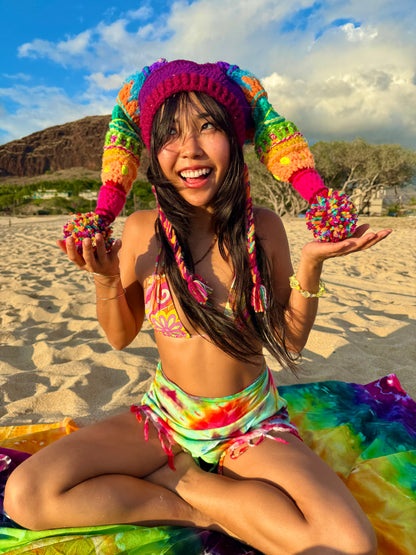 UV Rainbow Pom Pom Crochet Fools Cap
