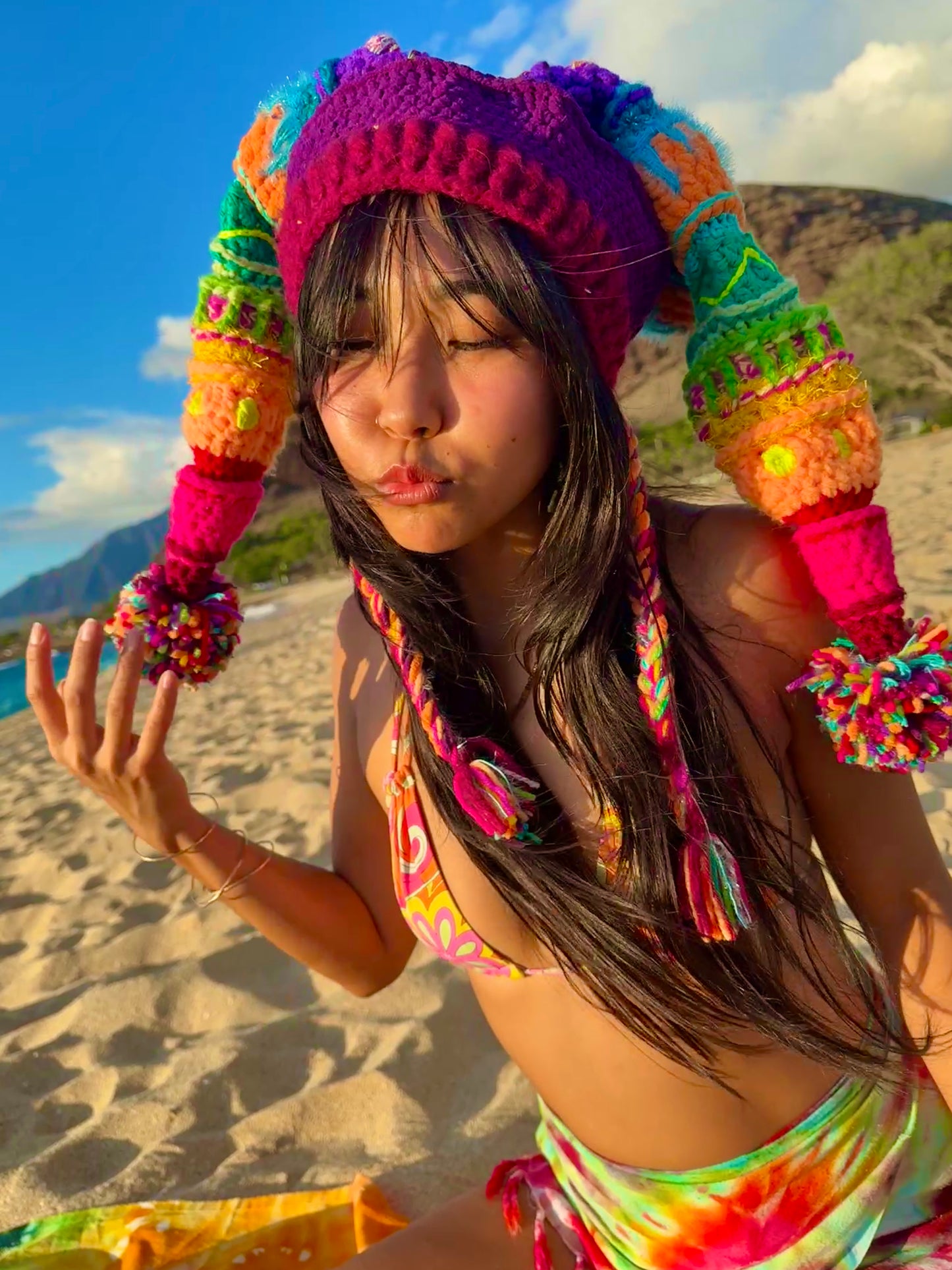 UV Rainbow Pom Pom Crochet Fools Cap