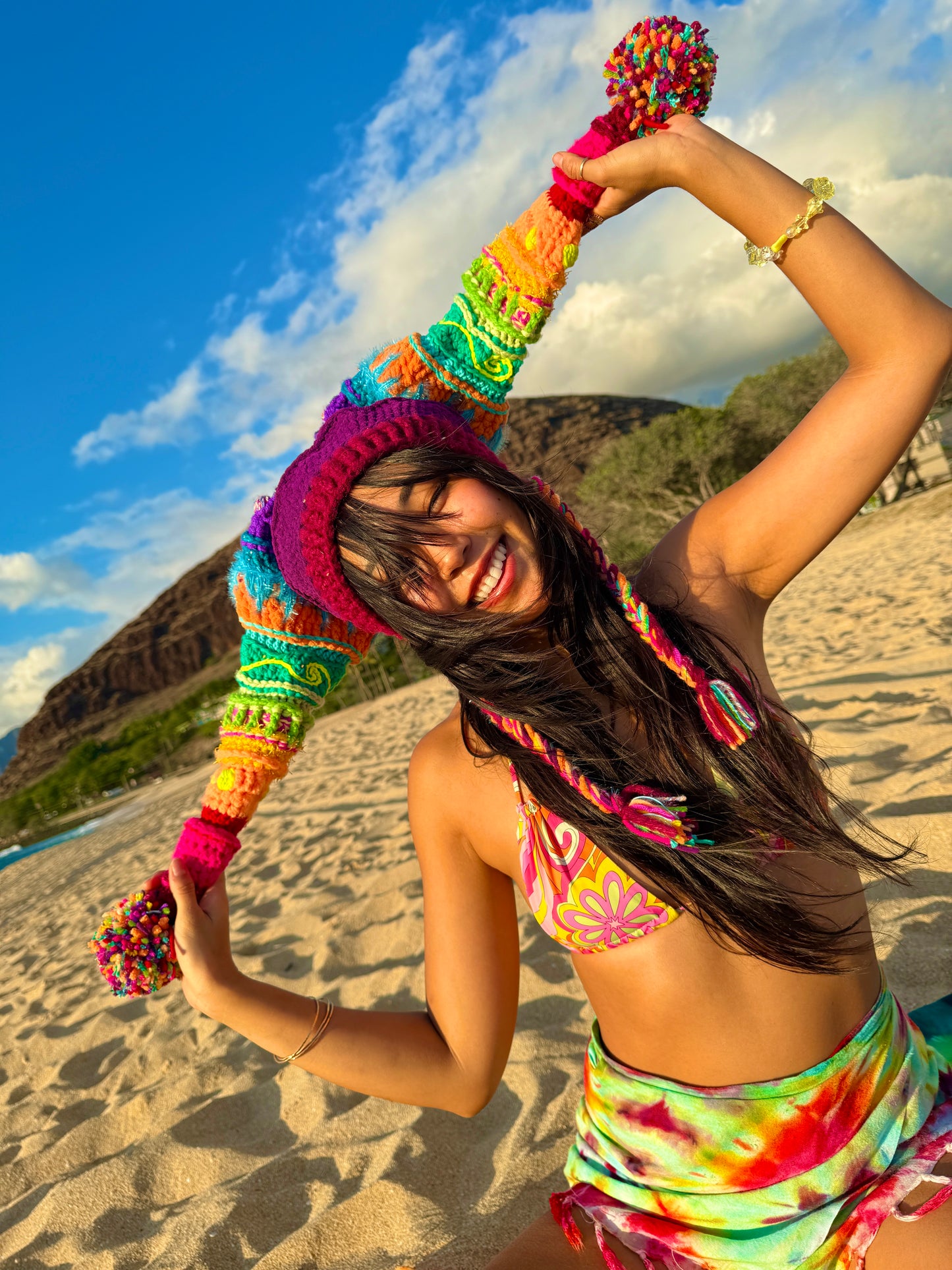 UV Rainbow Pom Pom Crochet Fools Cap