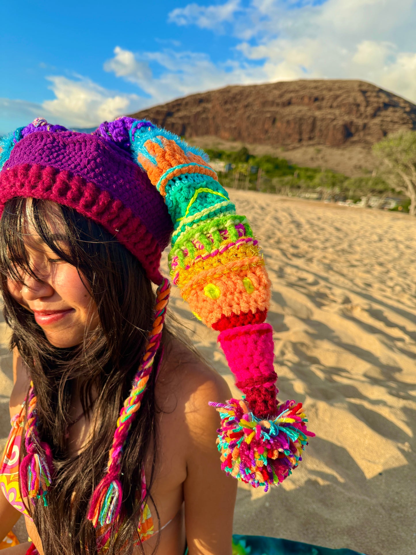 UV Rainbow Pom Pom Crochet Fools Cap