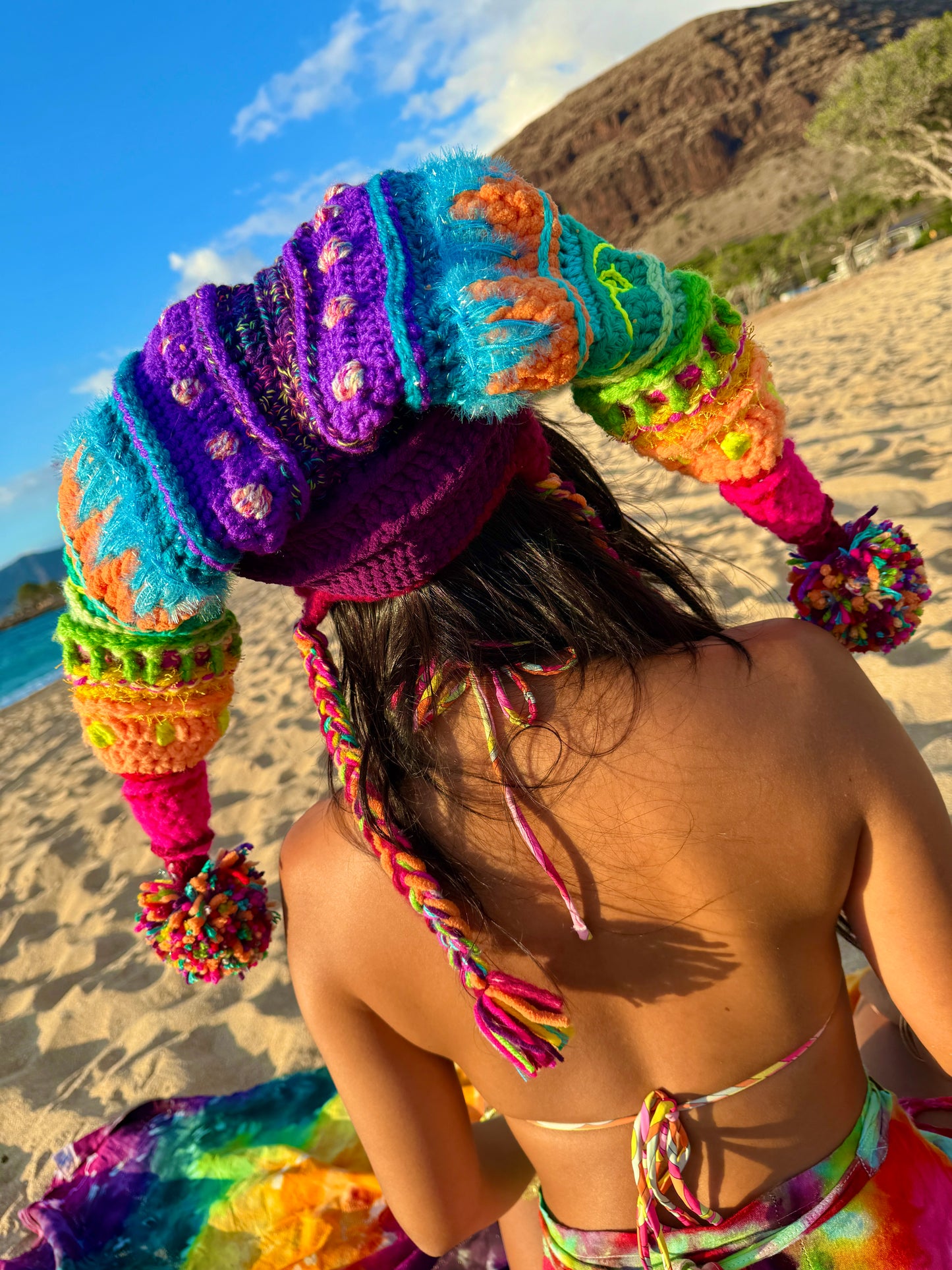 UV Rainbow Pom Pom Crochet Fools Cap