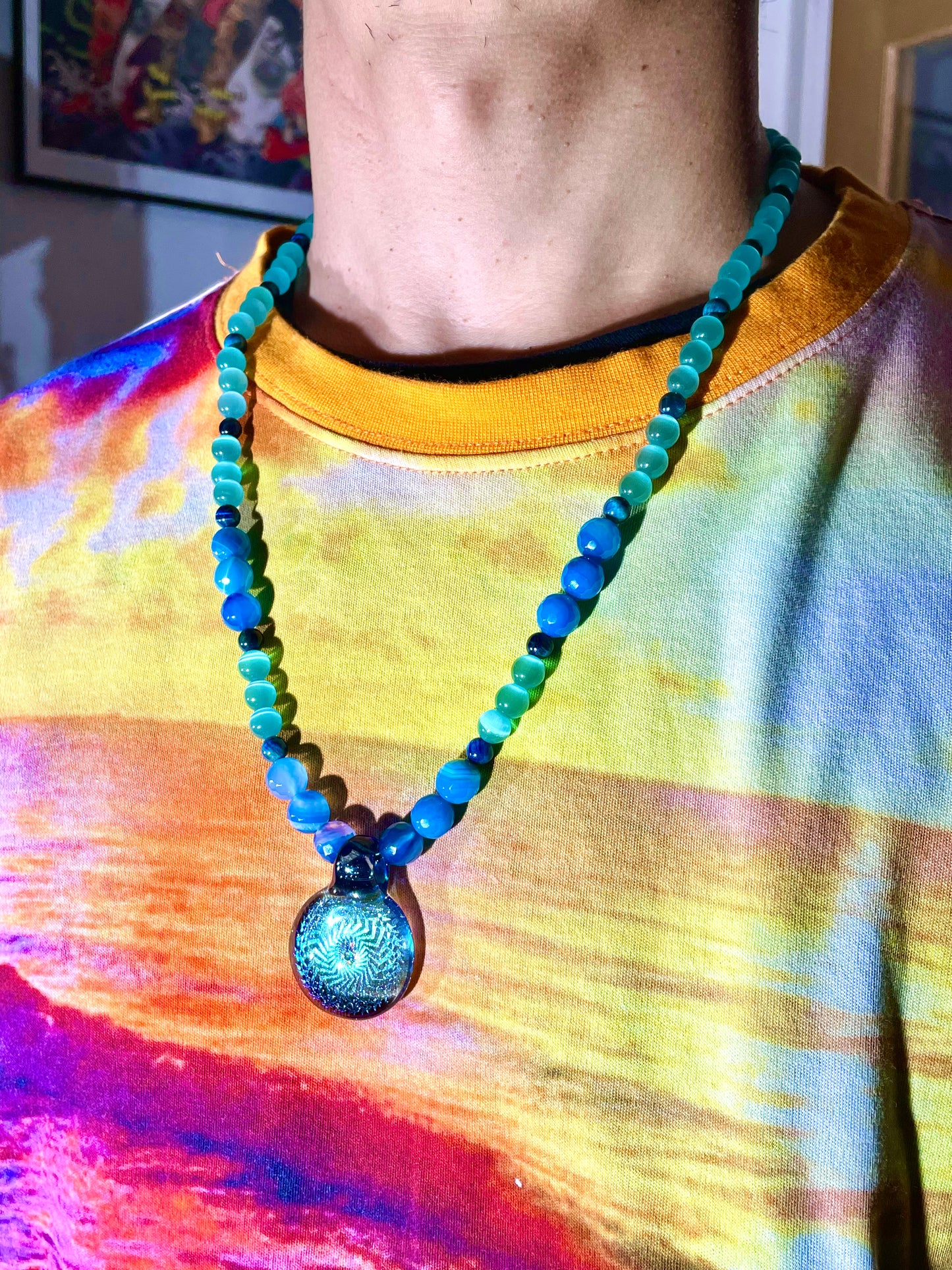 Agate and Blue Cat’s Eye UV Dichro Necklace