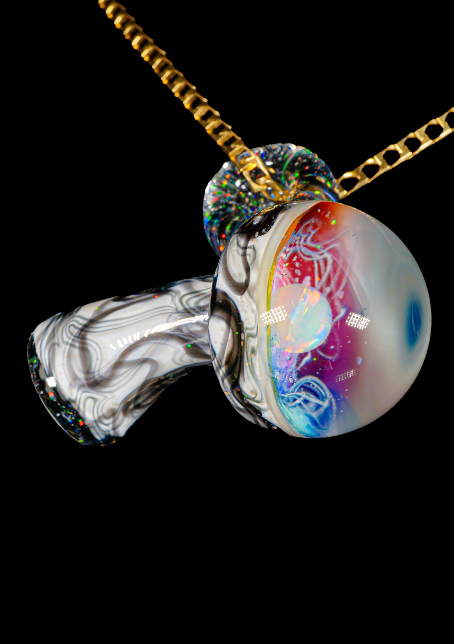 B/W & Rainbow Single Opal UV Scribble Mushroom Pendant