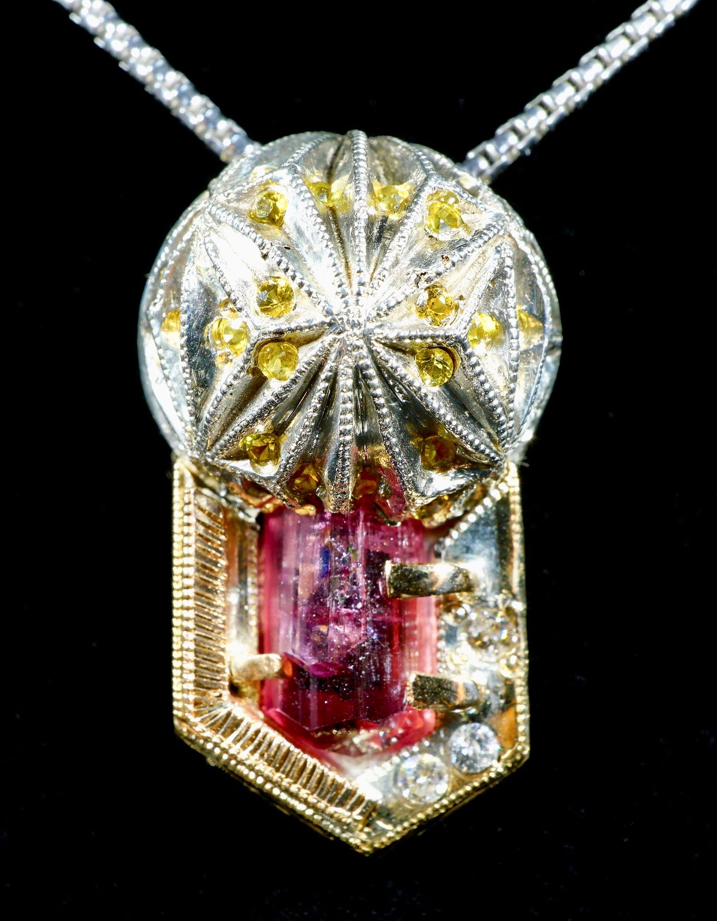 Pink Cruzeiro Tourmaline, Diamond and Yellow Sapphire Pendant + Chain