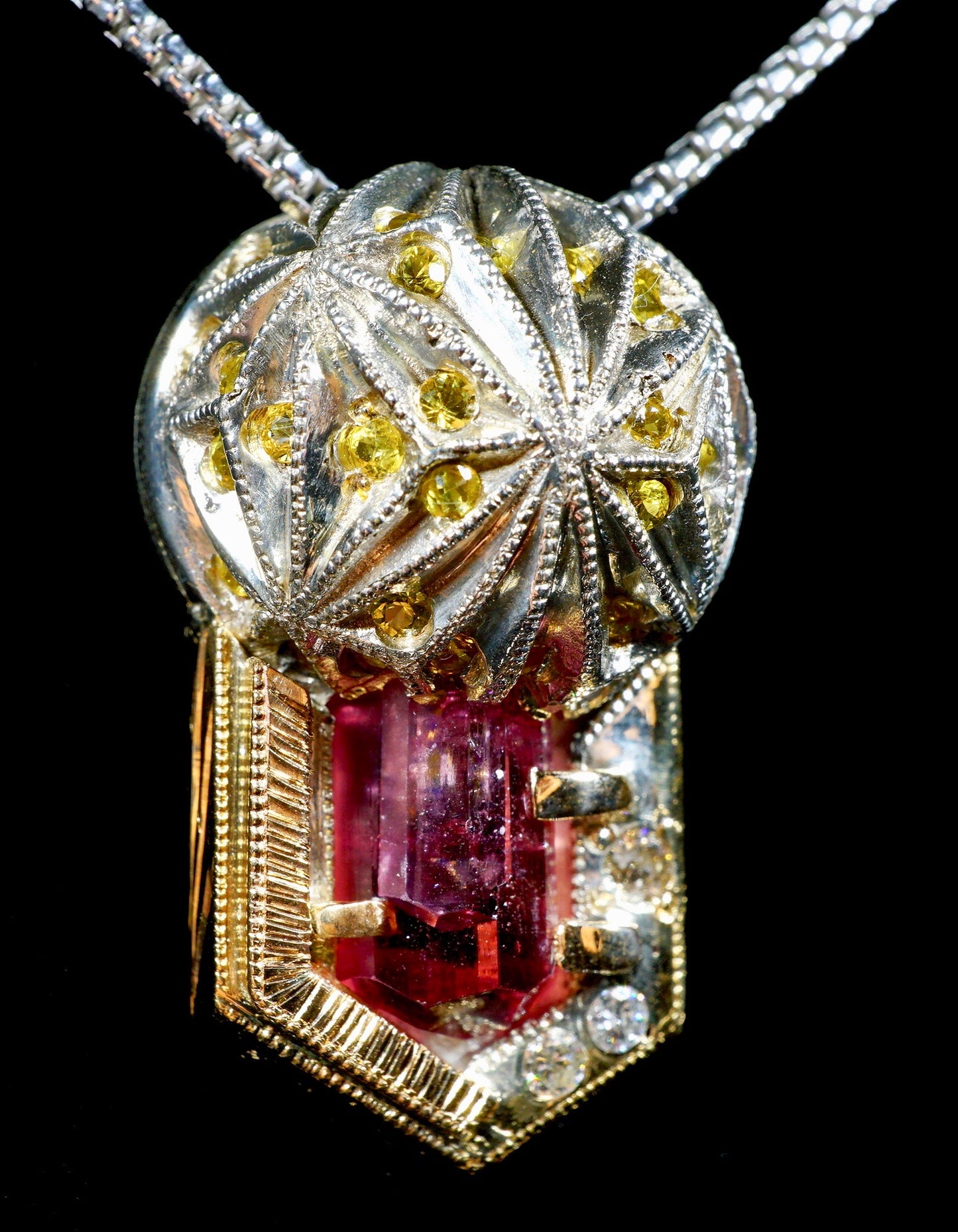Pink Cruzeiro Tourmaline, Diamond and Yellow Sapphire Pendant + Chain