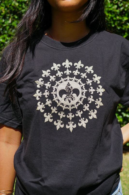 Black and Gold Fleur De Lis Mandala T-Shirt